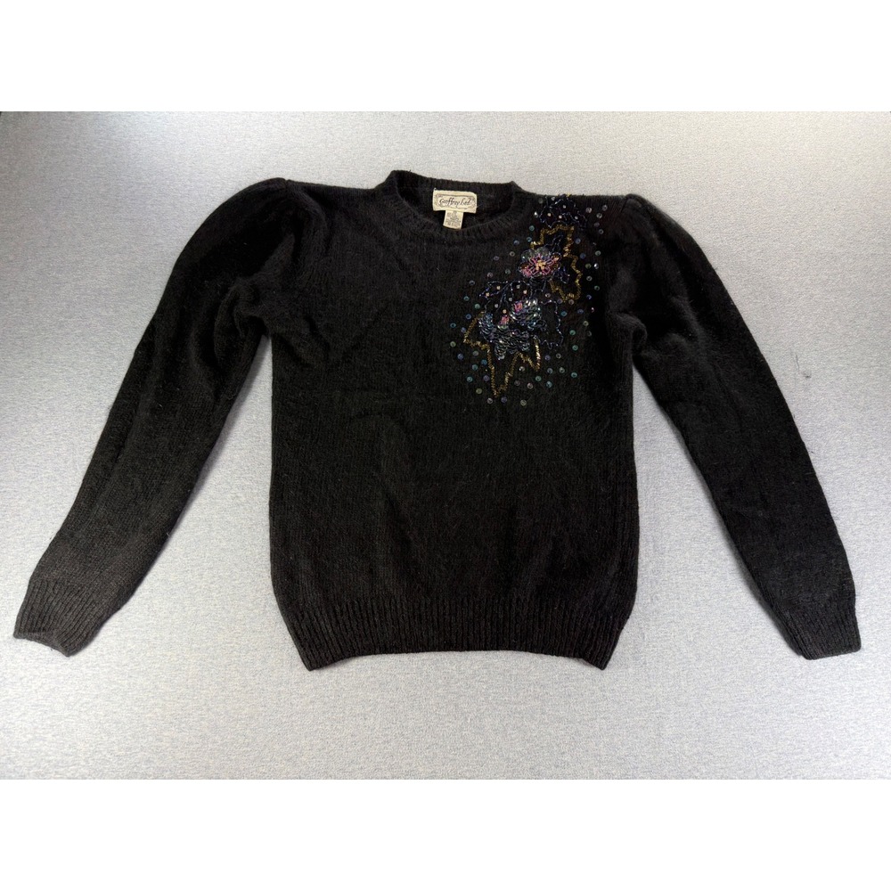Geoffrey Ltd Vintage 80s Silk Angora Beaded Sequin Party Sweater Black Medium
